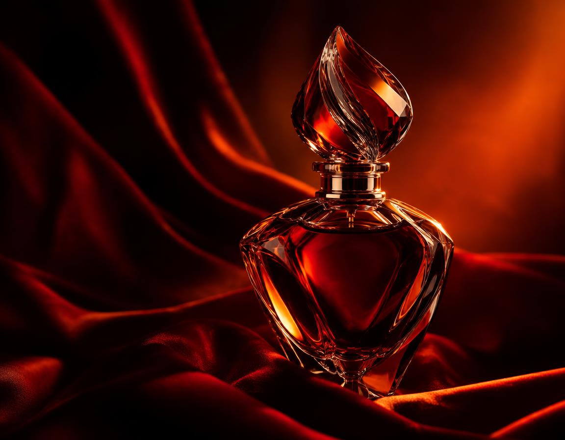 Crystal perfume bottle on red silk